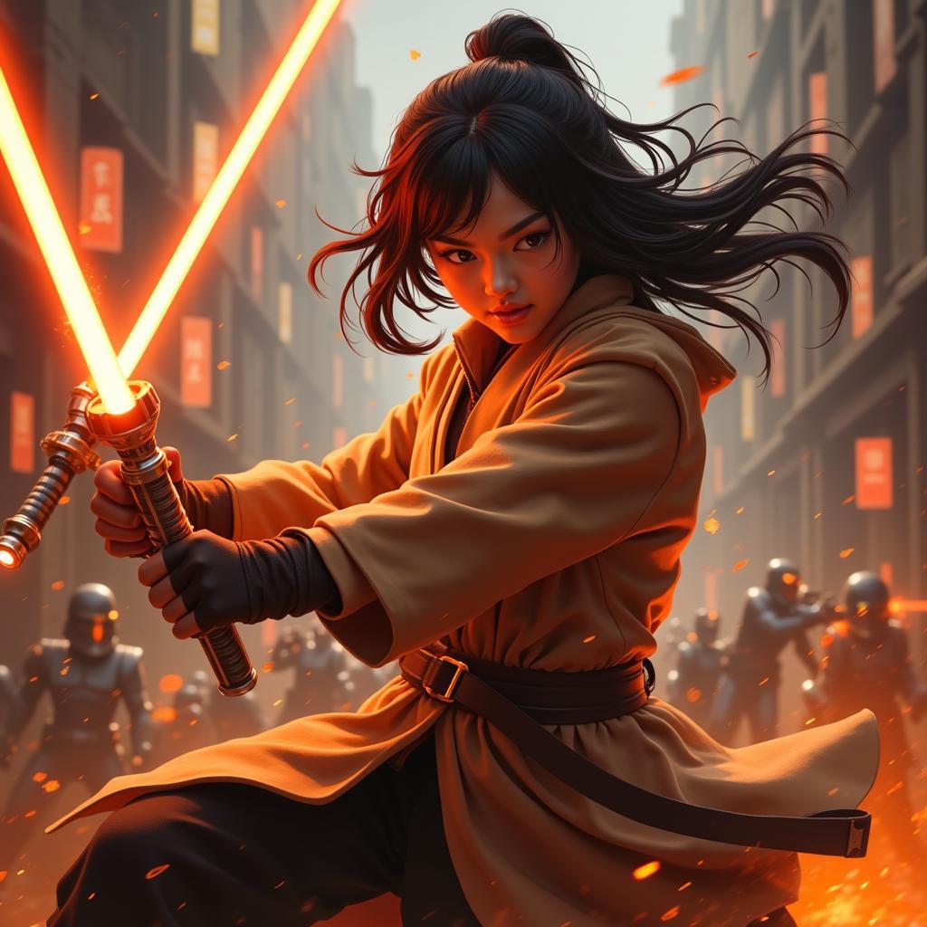 Shin Hati Wielding Her Lightsaber in Combat