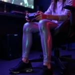 Gamer wearing iridescent leggings