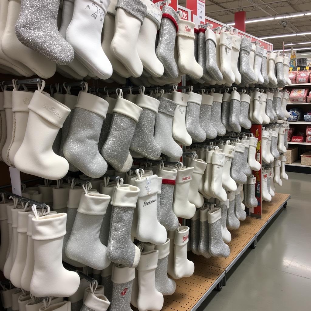 Display of silver and white Christmas stockings in a store