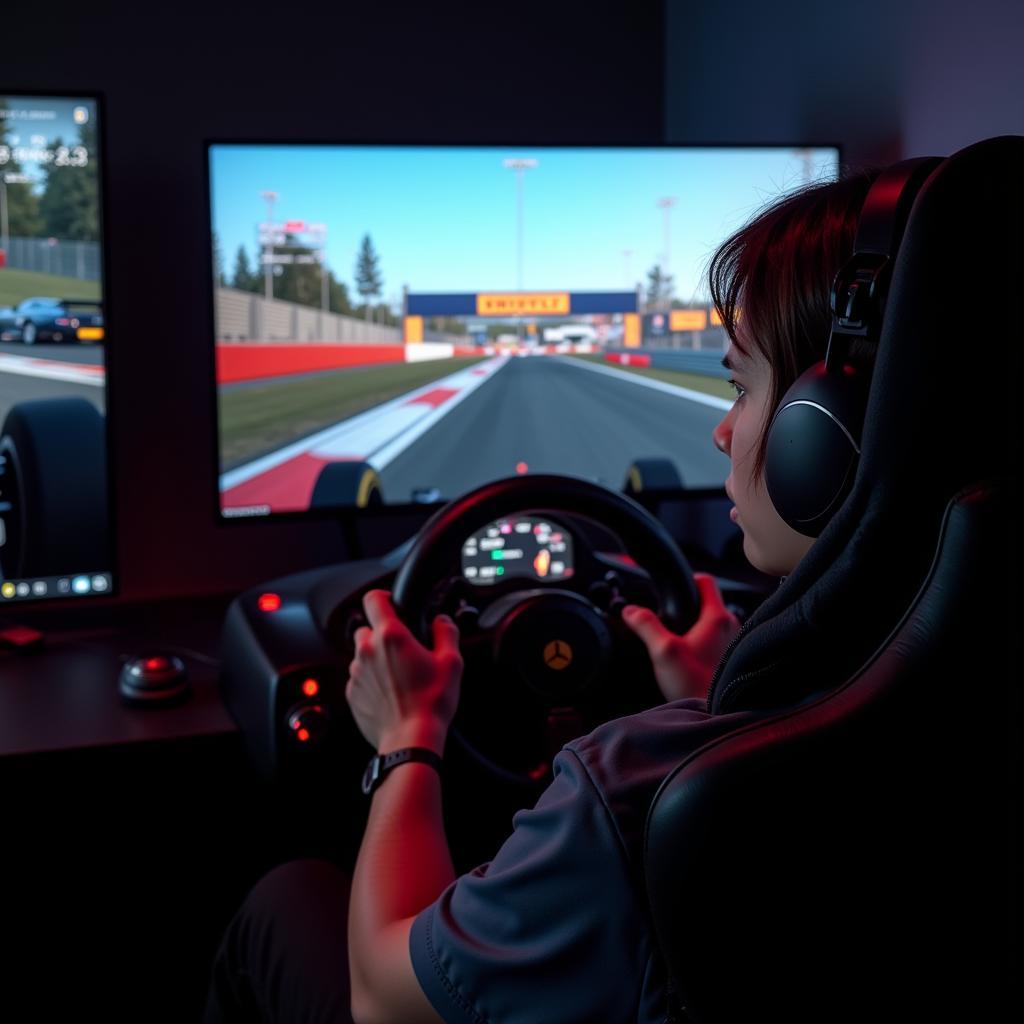 A sim racer using an F1 sim racing wheel