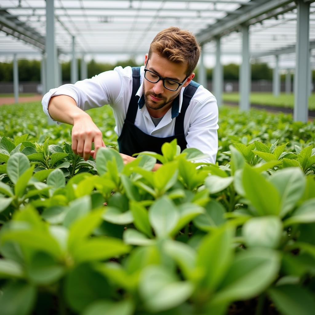 Horticulturist tending to plants in a sky nursery