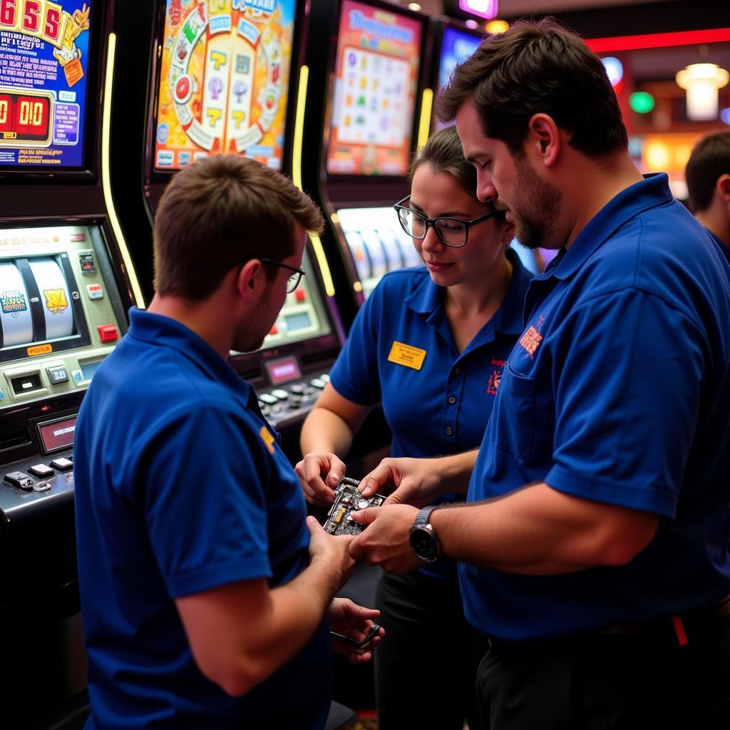 Slot Technicians Collaborating on a Repair