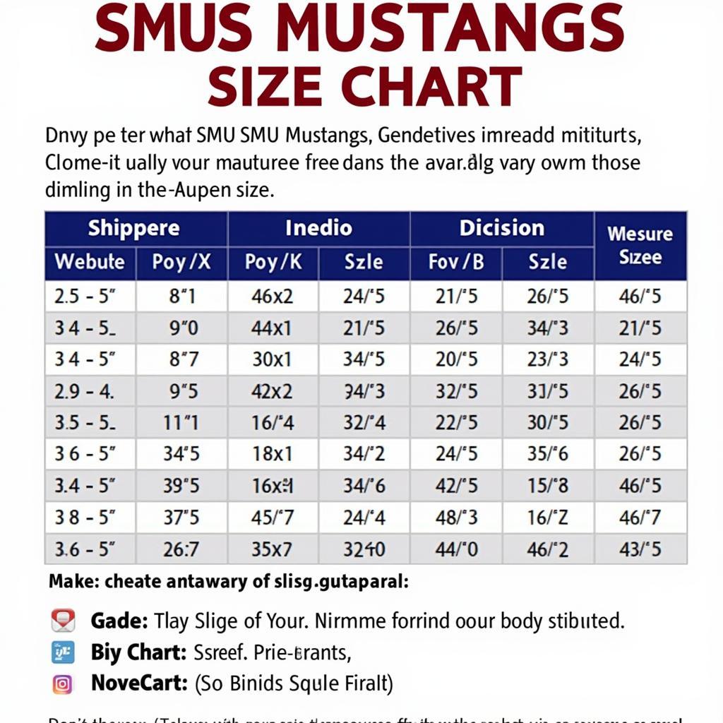 An example of an SMU Mustangs apparel size chart