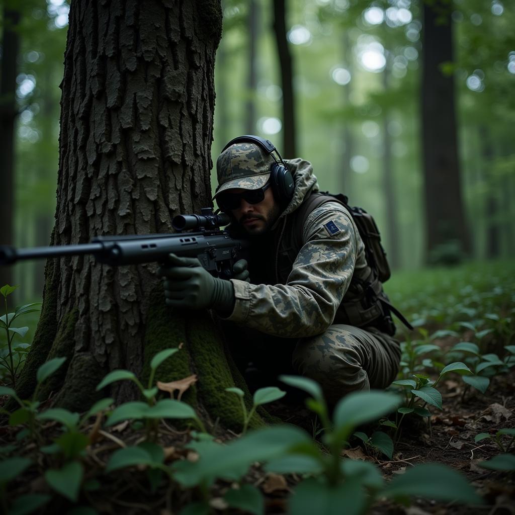 Camouflaged Sniper in a Wooded Environment