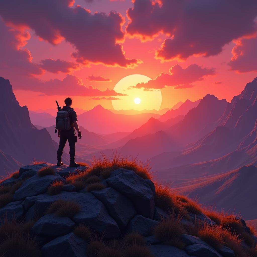 Gamer Looking towards a Setting Sun in a Virtual World