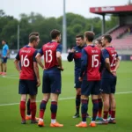 Soccer players having a tactical discussion