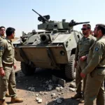 Soldiers Assessing Damage to Armored Vehicle