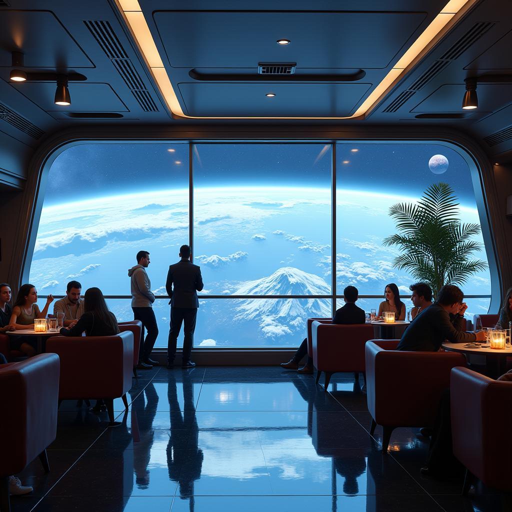 Space club members enjoying the view from a space lounge.