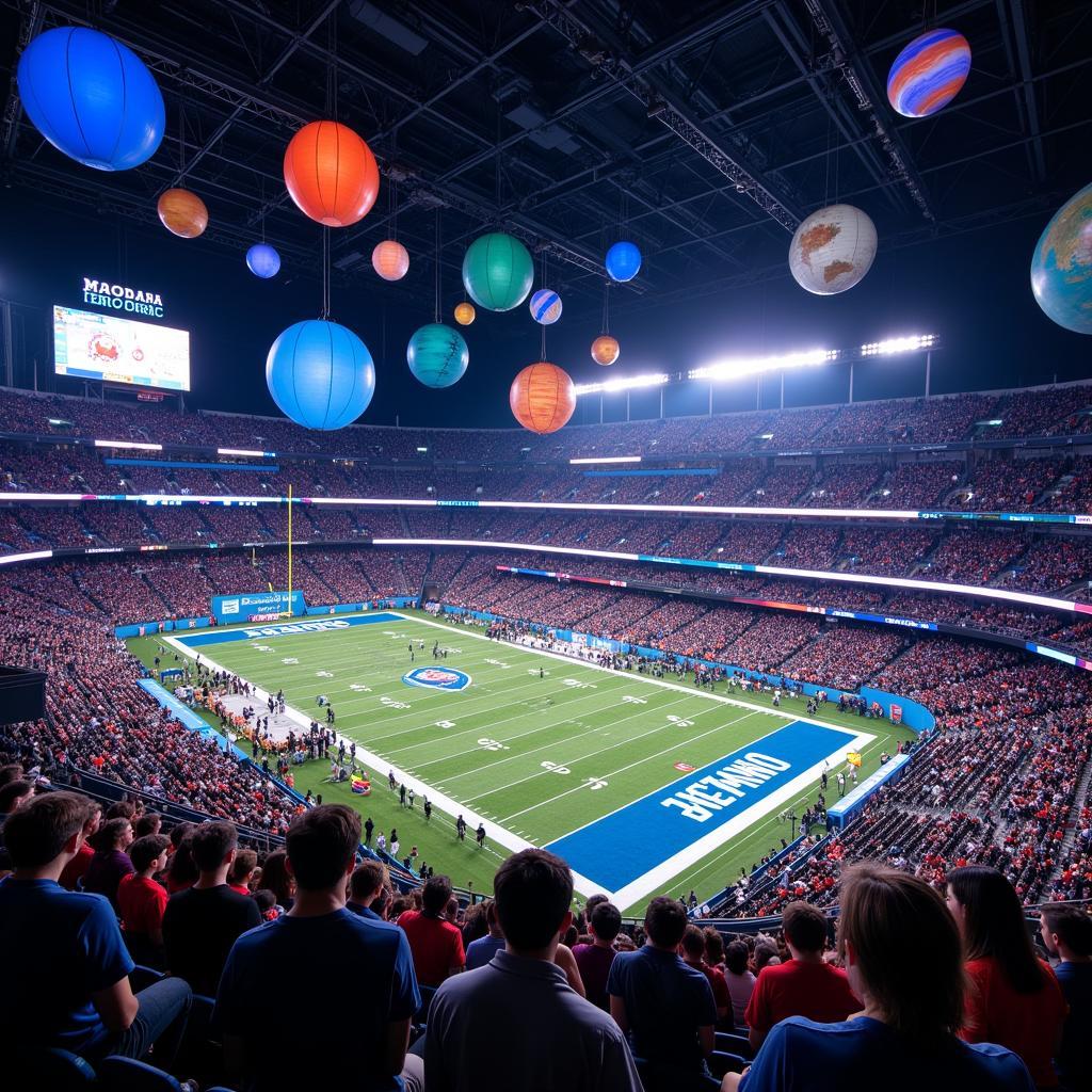 Football game with a space night theme including decorations and fan costumes.