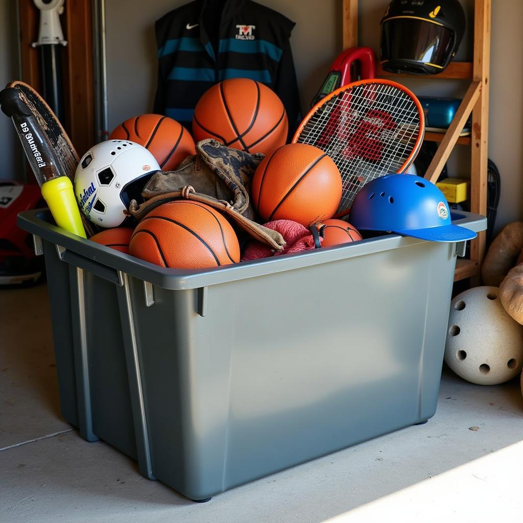 Sports equipment storage bin in a garage