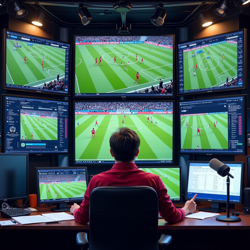 Sports pundit analyzing game footage and providing commentary.