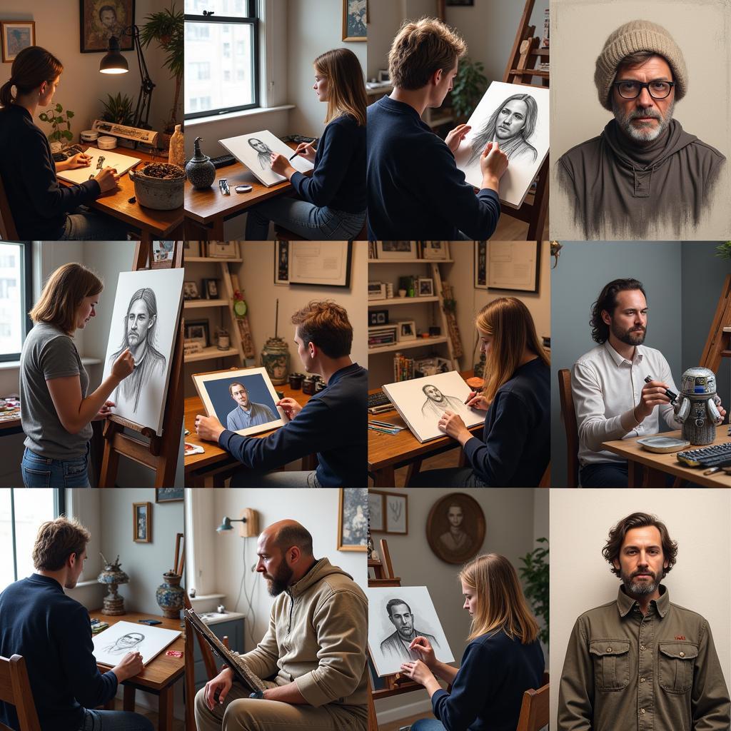 Star Wars Portrait Artists - A montage featuring several Star Wars portrait artists at work in their studios, showcasing different art techniques and mediums.