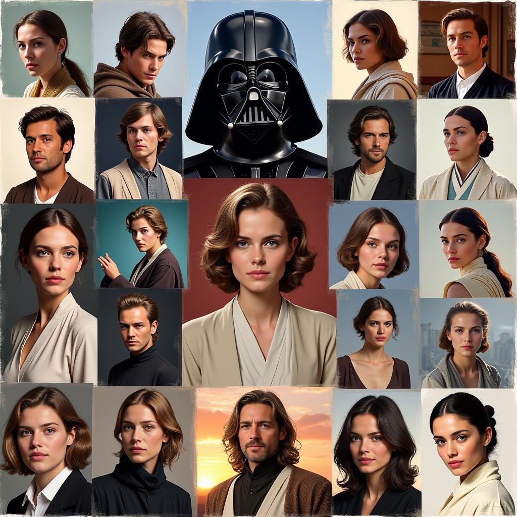 Star Wars Portrait Styles - A collage showcasing diverse artistic styles in Star Wars portraits, including realism, abstract, and stylized depictions.