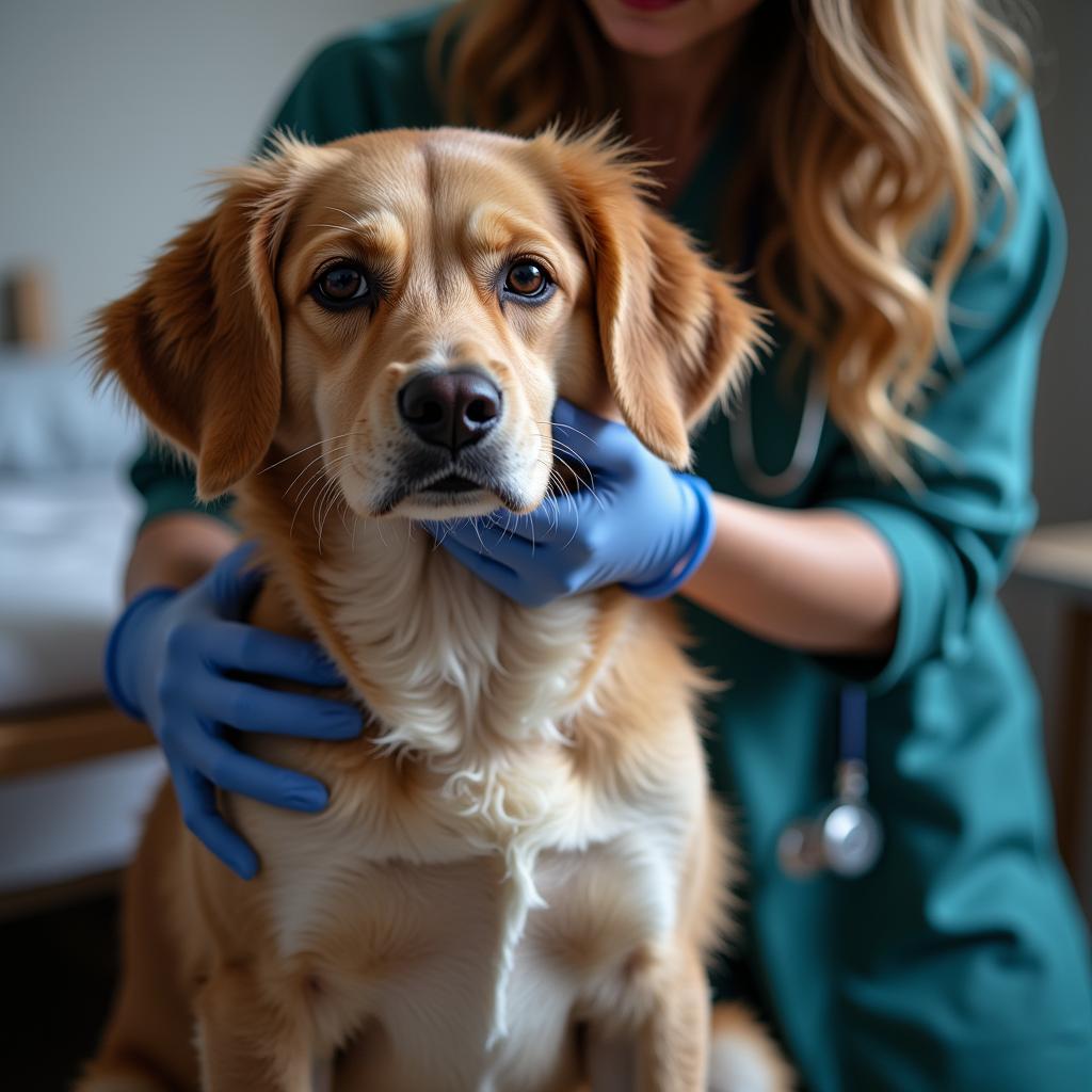 Stray Dog Receiving Medical Care: Veterinarian examining a stray dog