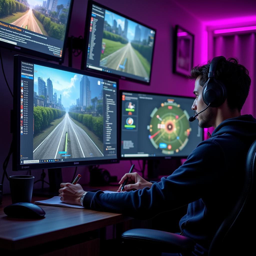 A professional gamer analyzing gameplay footage on multiple monitors.