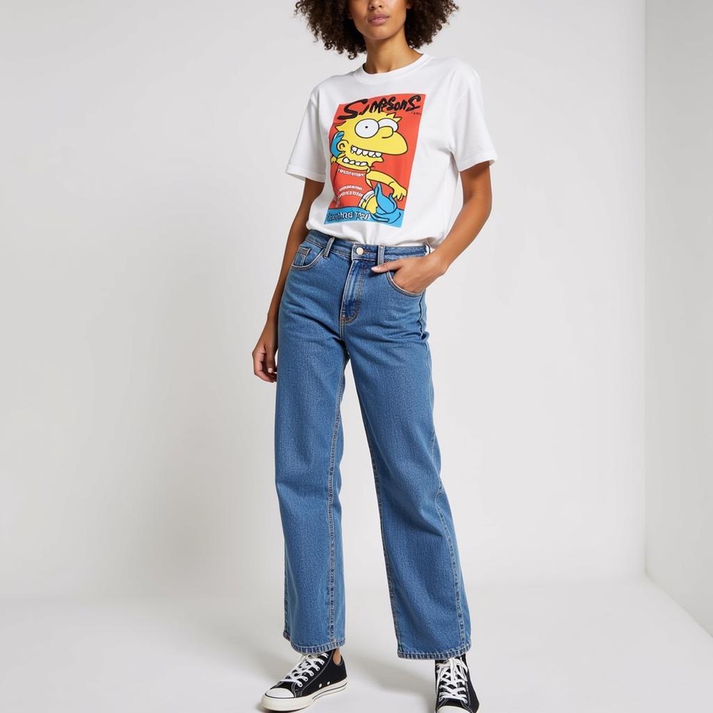 A person wearing a vintage Simpsons tee with high-waisted jeans and sneakers, showcasing a stylish and casual outfit.