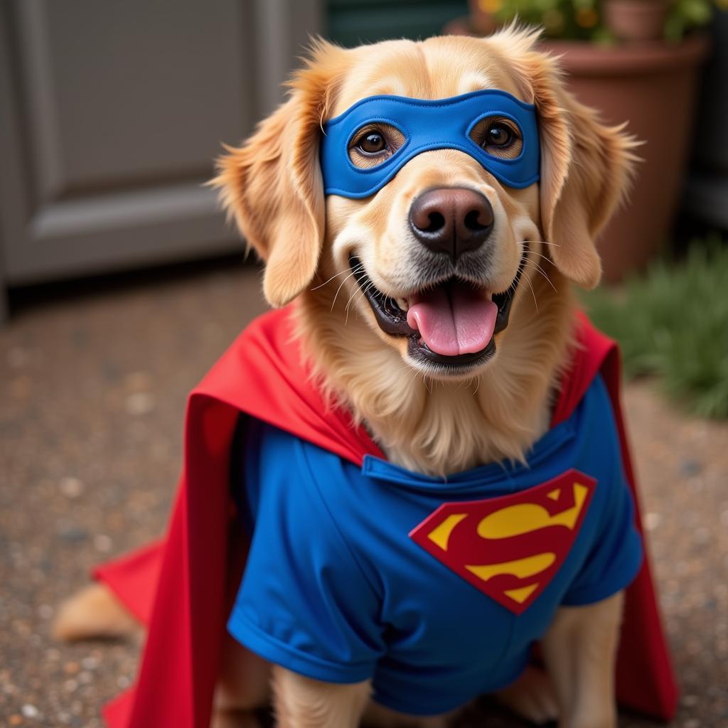 A dog dressed in a superhero costume, complete with a cape and mask.