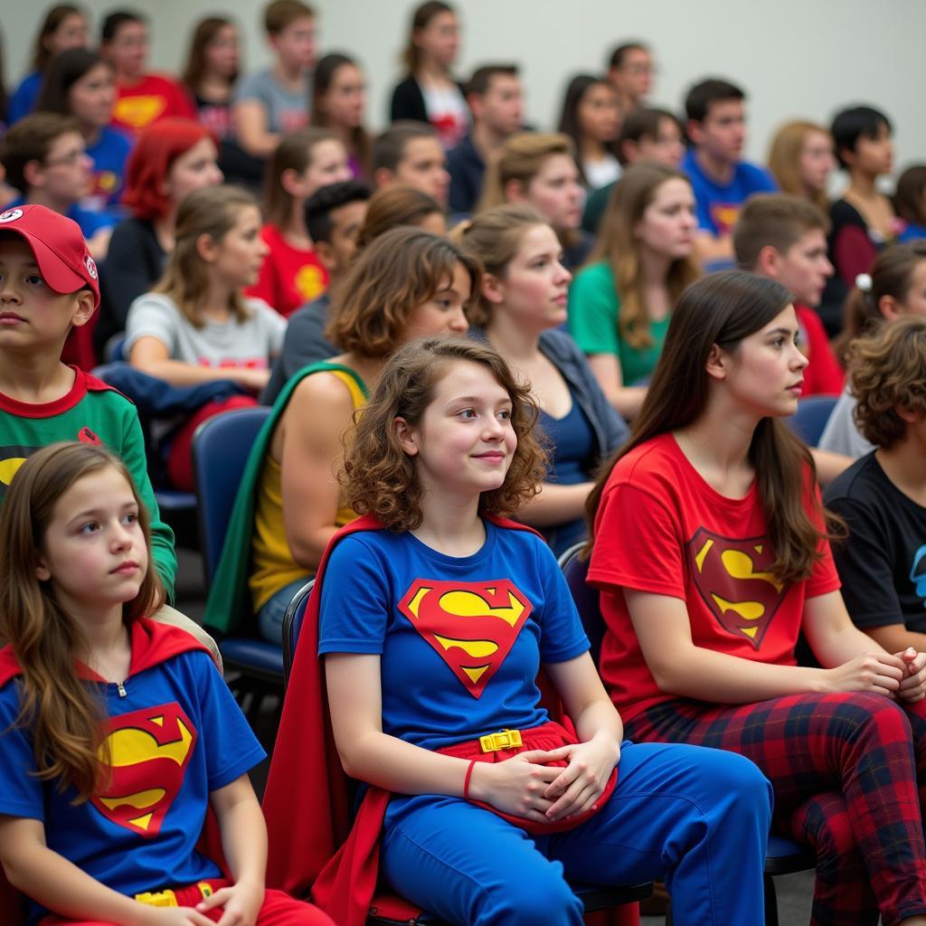 Students dressed as superheroes in a football game student section