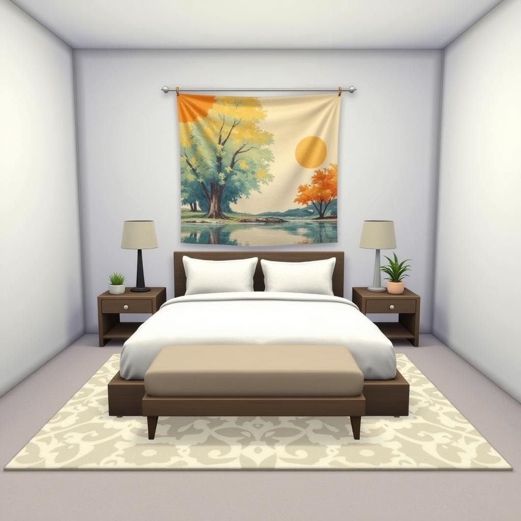 Sims 4 Bedroom Decorated with Tapestry CC