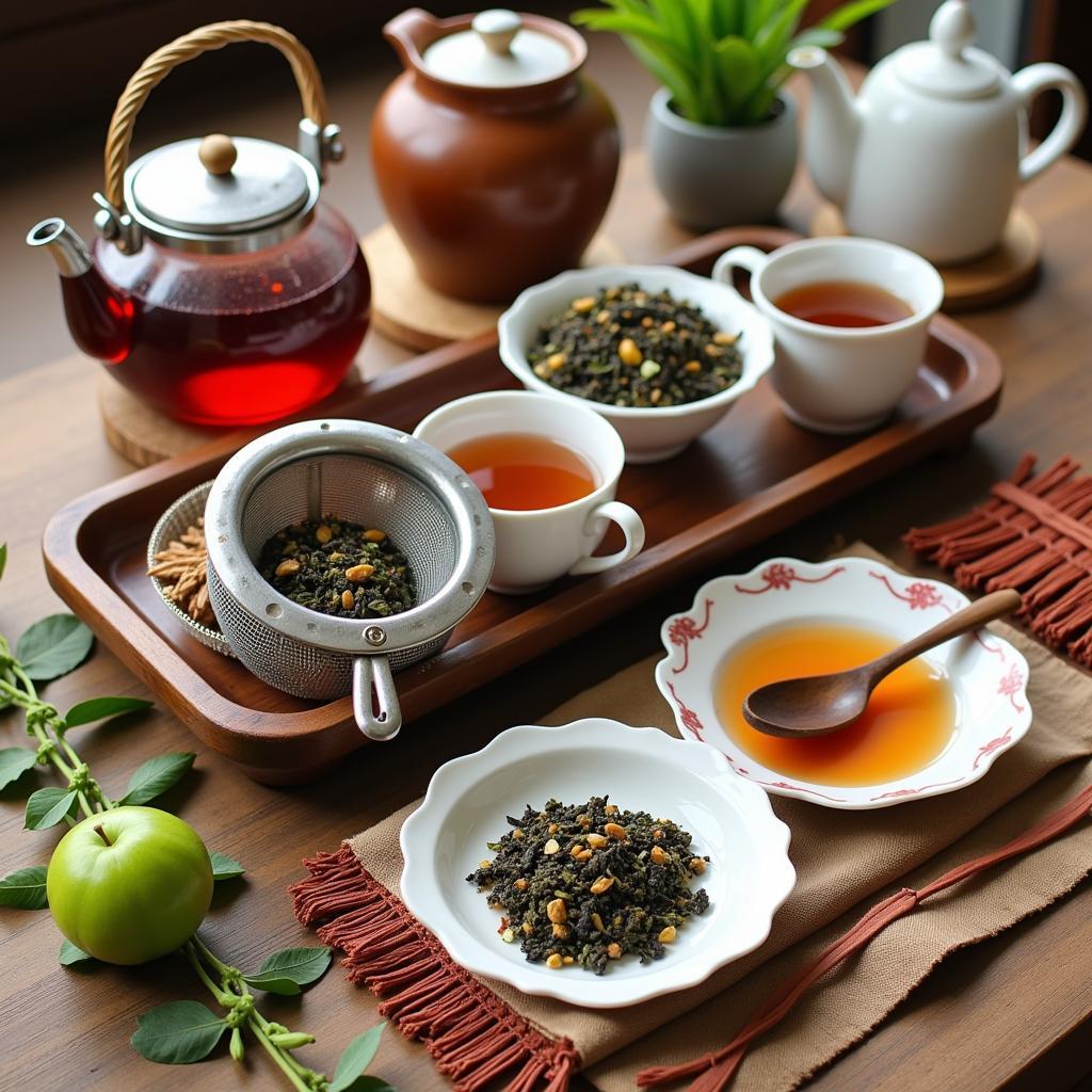 A serene tea brewing setup, showcasing a teapot, teacups, and various tea accessories, creating a calming and inviting atmosphere.