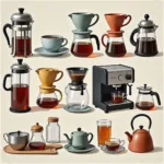 A variety of tea and coffee brewers on display, showcasing different sizes, styles, and materials, from traditional French presses to modern automatic drip machines.