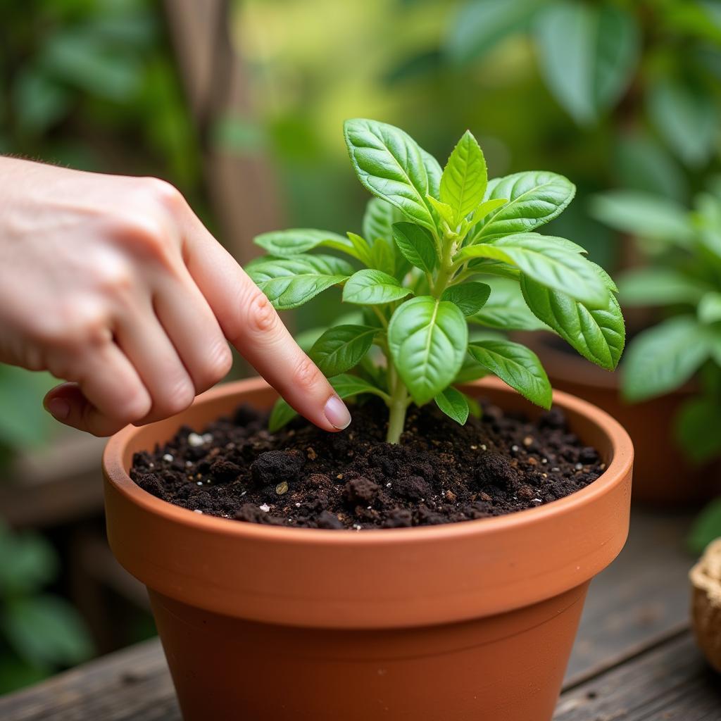 A gardener checking the soil moisture of a potted plant.