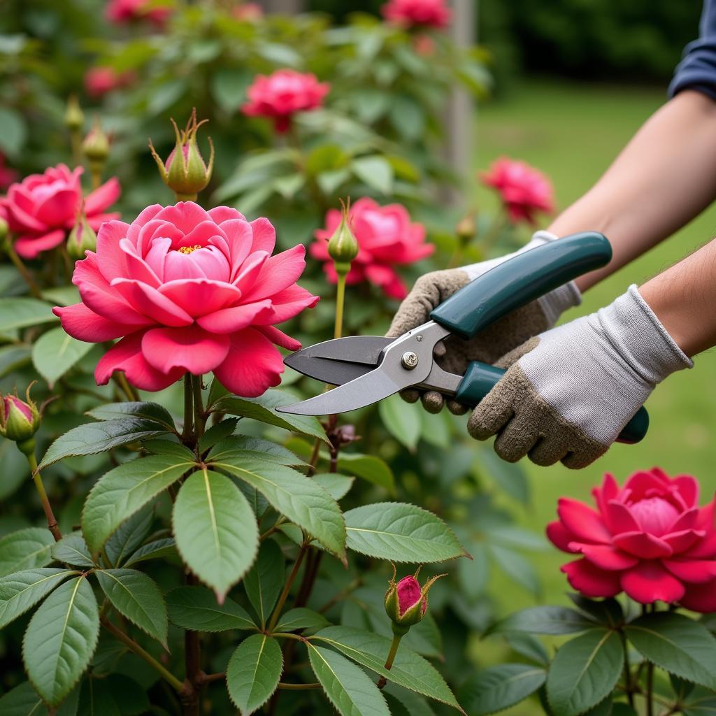 Pruning rose bushes in a garden with pruning shears