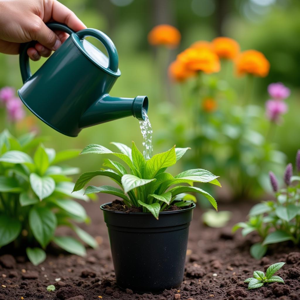 Watering plants in a garden with a watering can