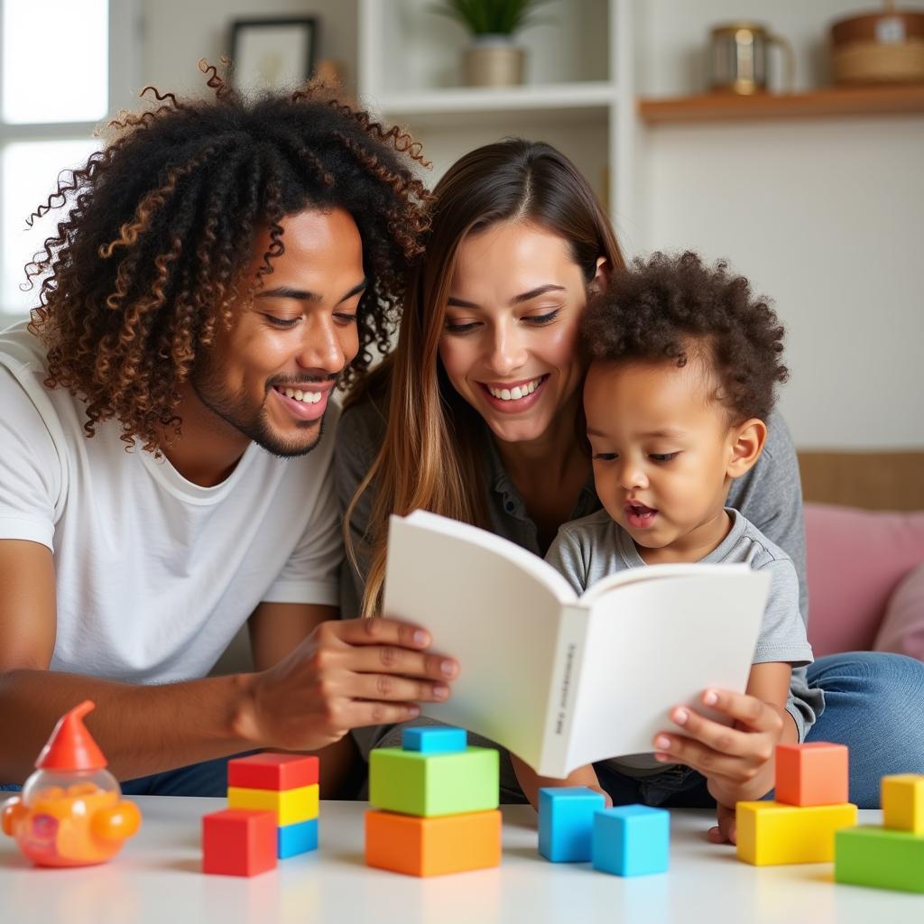 Toddler engaging with an educational subscription box with parent.