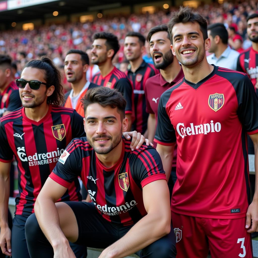 A group of Torino FC fans cheering in the stadium, all wearing different Torino FC kits.