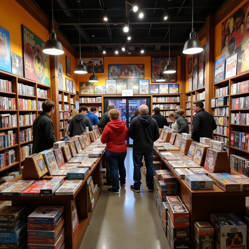 Vibrant interior of a Toronto game store with shelves packed with games and enthusiastic customers.