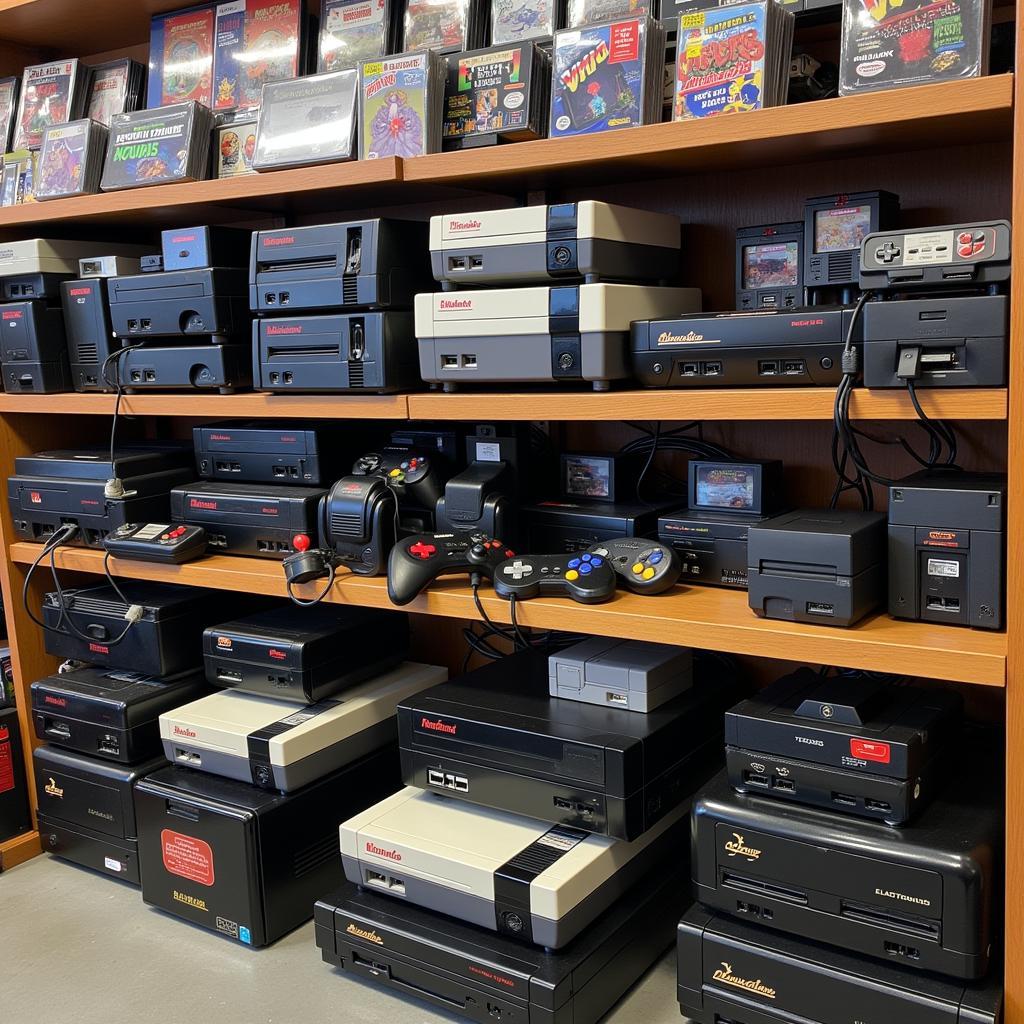 A display of retro game consoles and accessories in a Toronto game store.