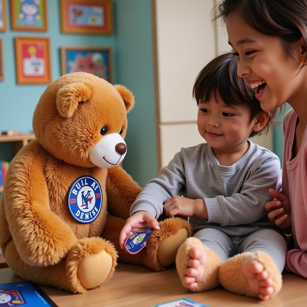 Two people exchanging build-a-bear patches, highlighting the community aspect of collecting.