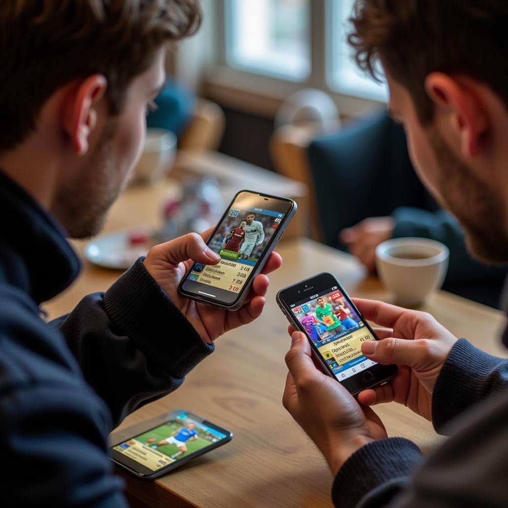 Two people are shown trading world league football cards online via a mobile app, highlighting the community aspect of collecting.