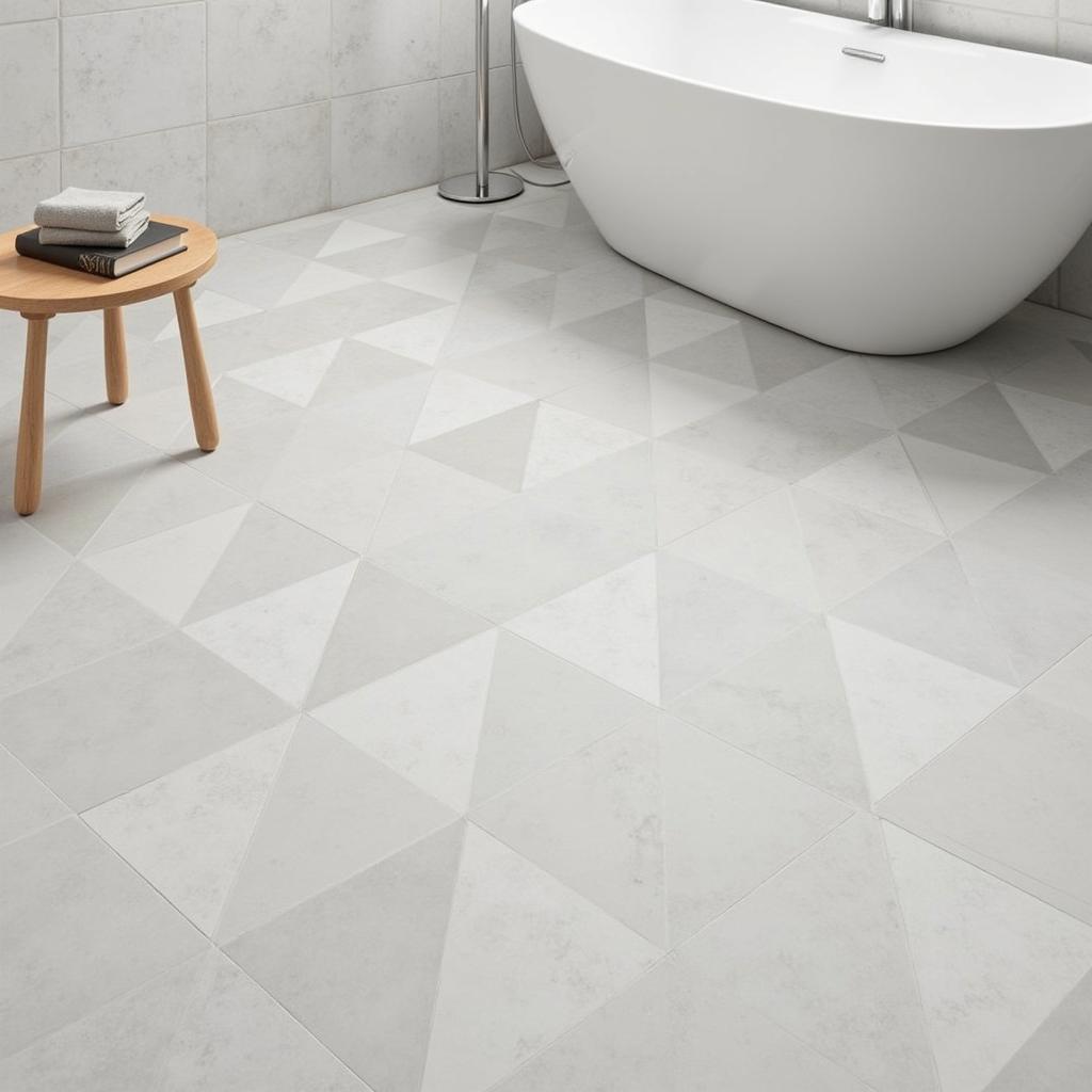 Modern bathroom floor featuring large format triangle tiles in a calming neutral color palette.