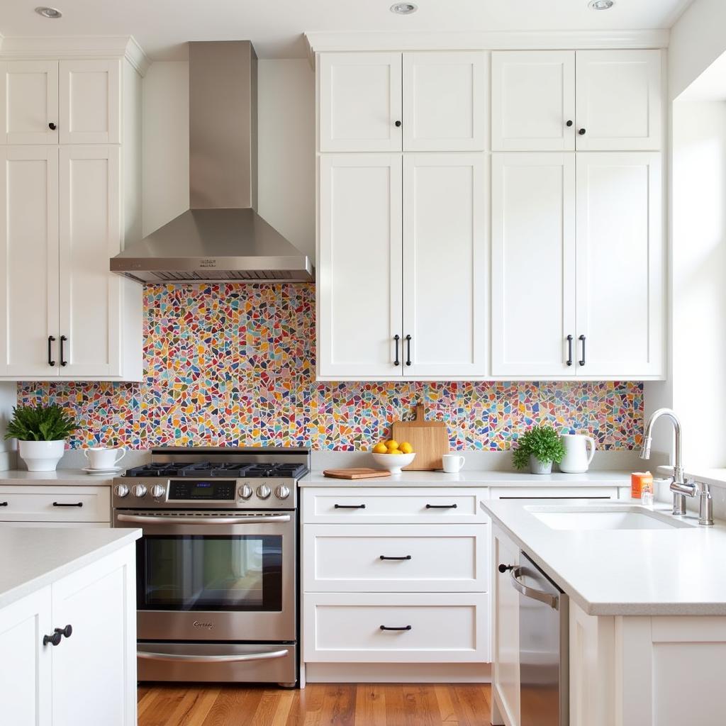 Triangle tile backsplash in a modern kitchen, showcasing a vibrant geometric pattern.