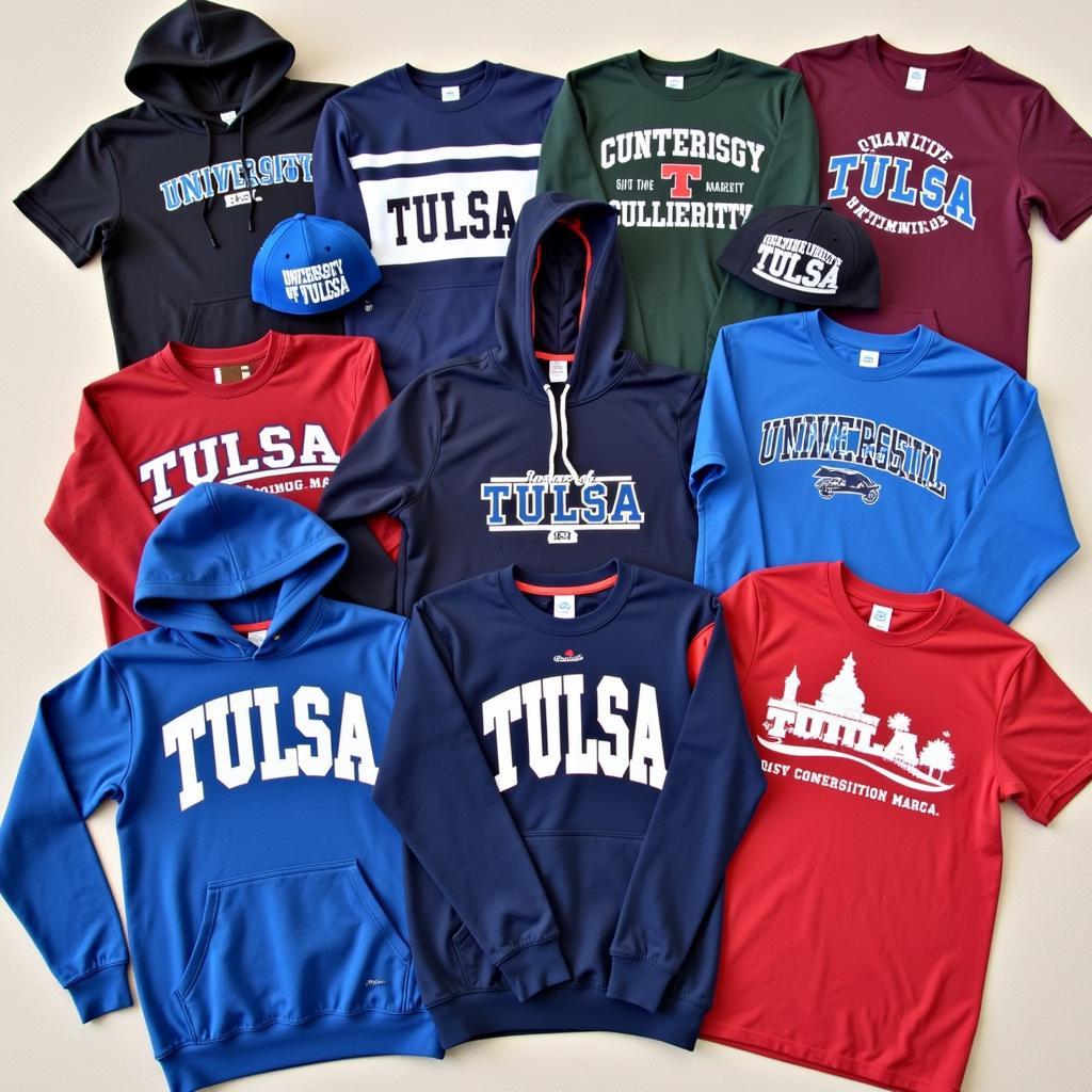 A variety of University of Tulsa apparel, including t-shirts, hoodies, and hats.