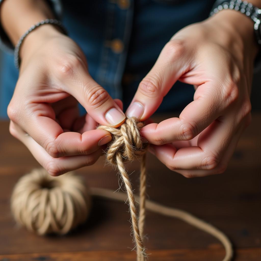 Close-up of hands unraveling a tangled thread