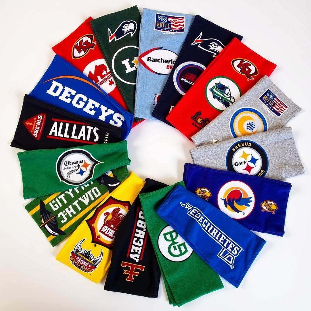 Different types of long football towels displayed, showcasing various designs, materials, and team logos.