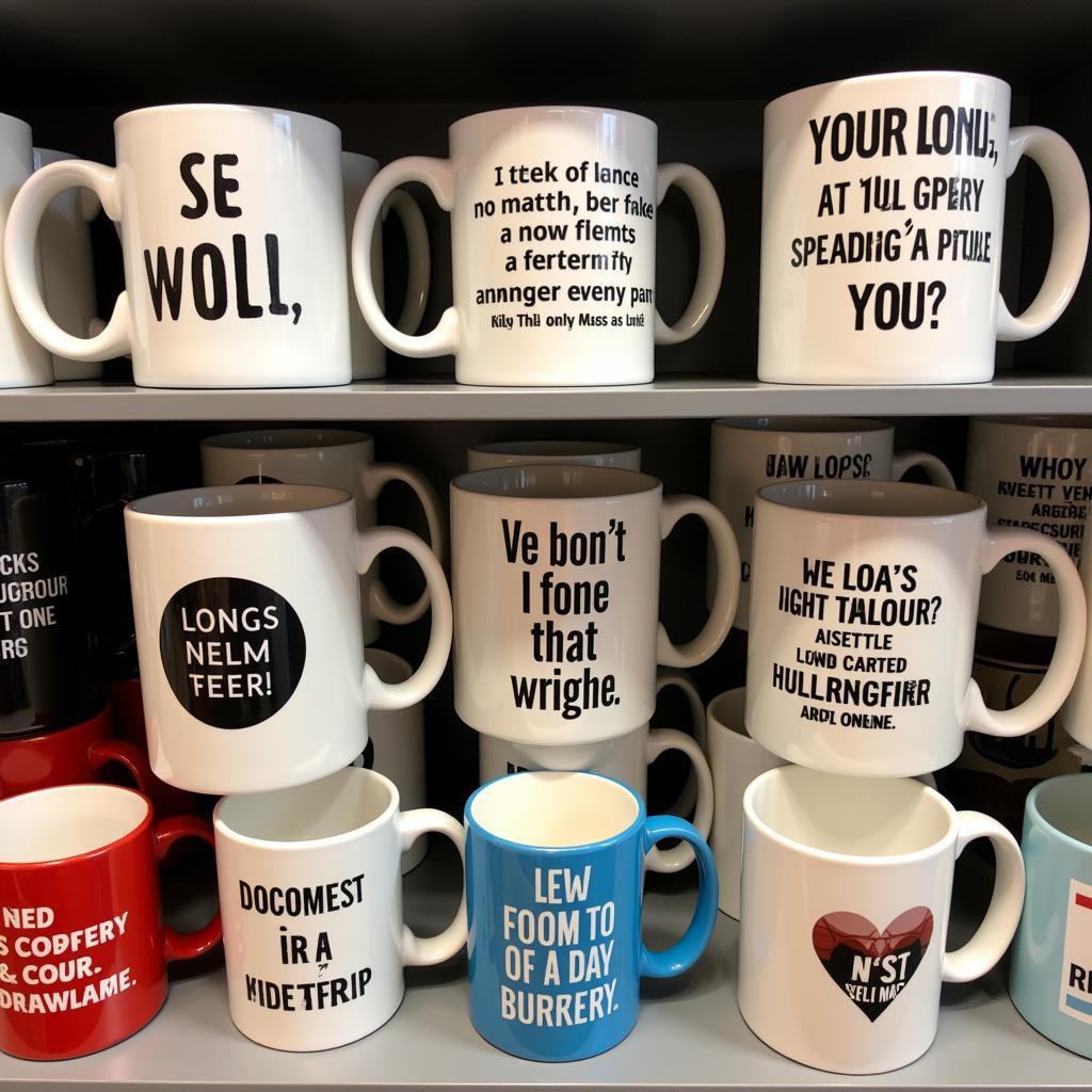 Variety of rude coffee mugs on display