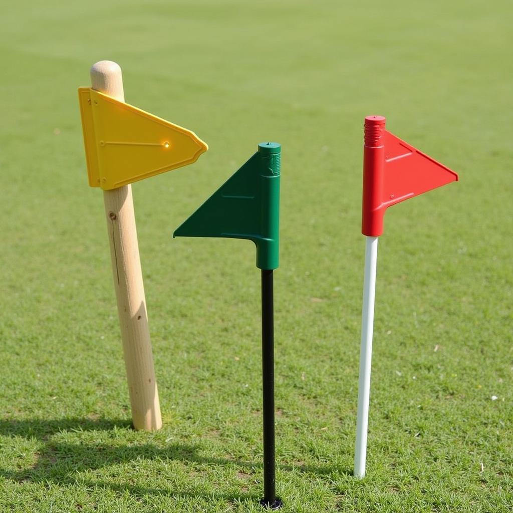 Different golf tee markers on a golf course