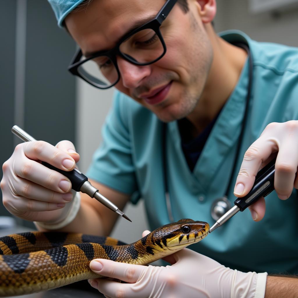 Veterinarian examining a snake