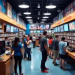 A bustling video game franchise store interior with customers browsing and interacting.