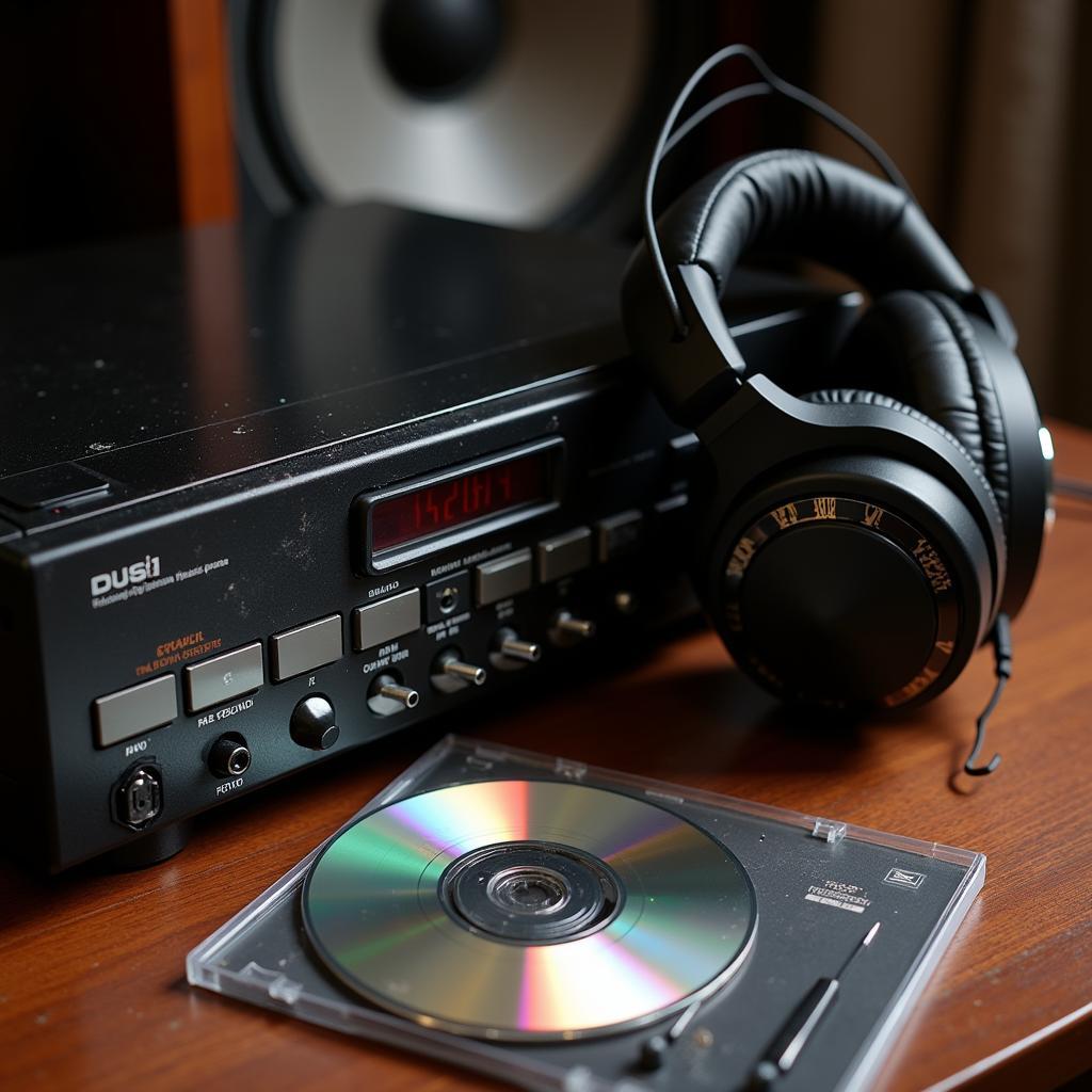 A vintage CD player with headphones and a CD case beside it