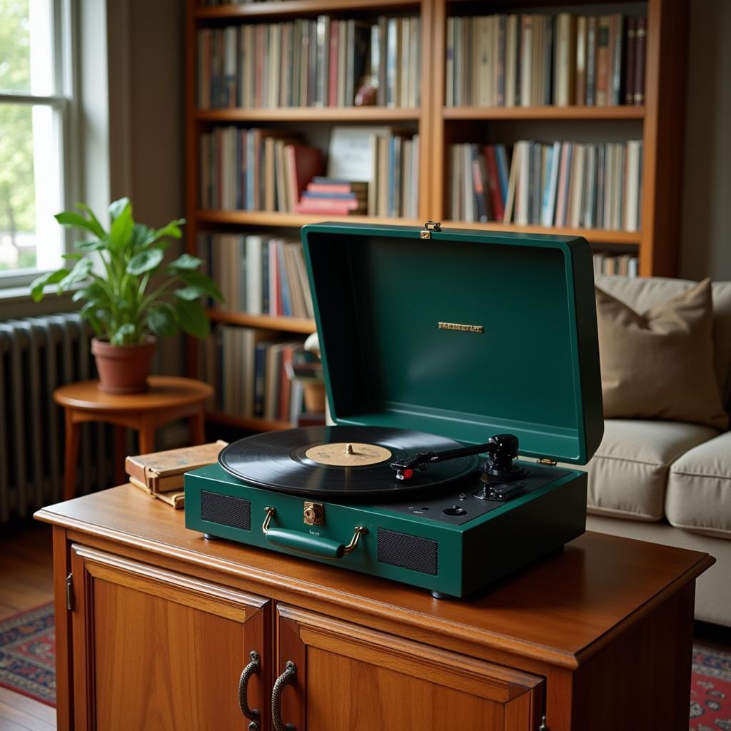 Vintage Dark Green Record Player in a Living Room Setting