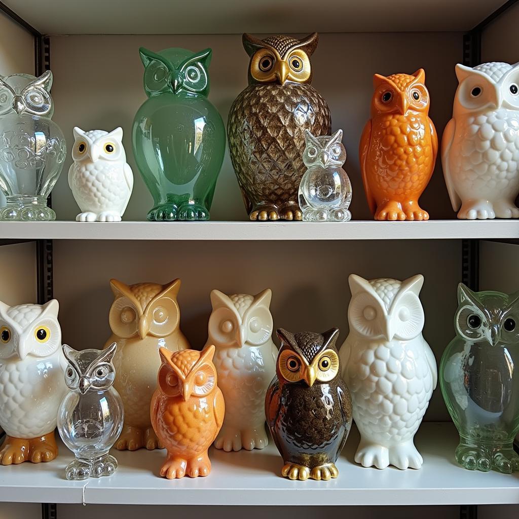 Collection of Vintage Glass Owls in Different Styles and Colors