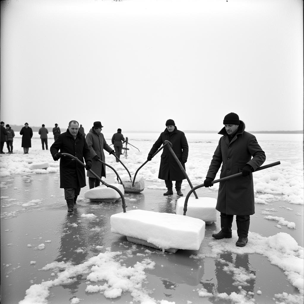 Vintage Ice Hook in Use During Ice Harvesting