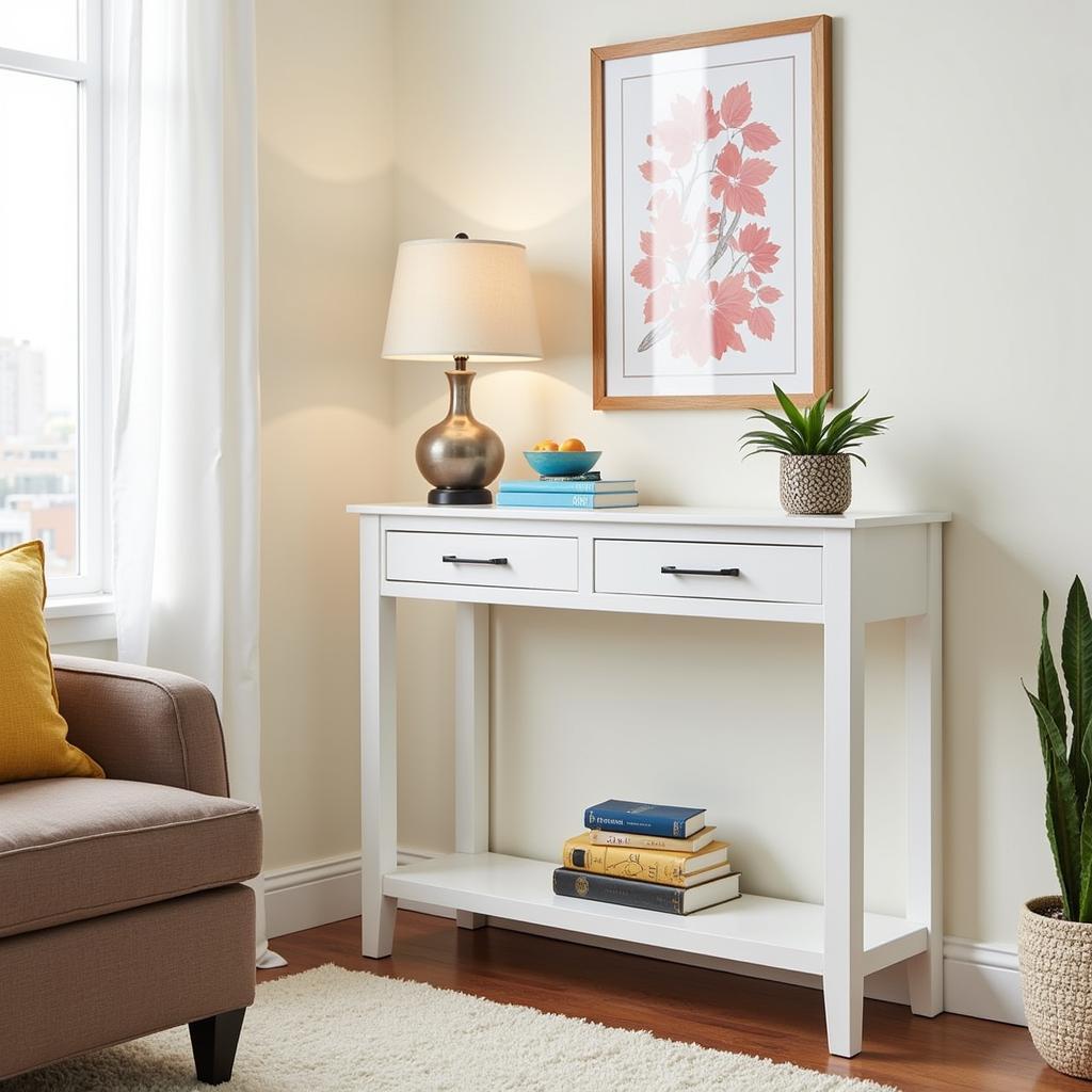 White 25 Inch Wide Table in a Small Apartment Living Room