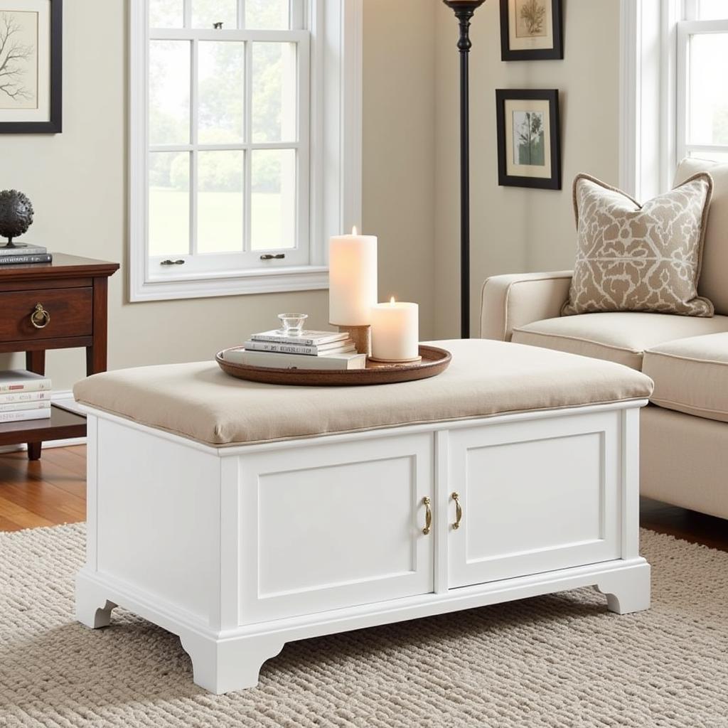 White country storage bench used as a coffee table in a living room