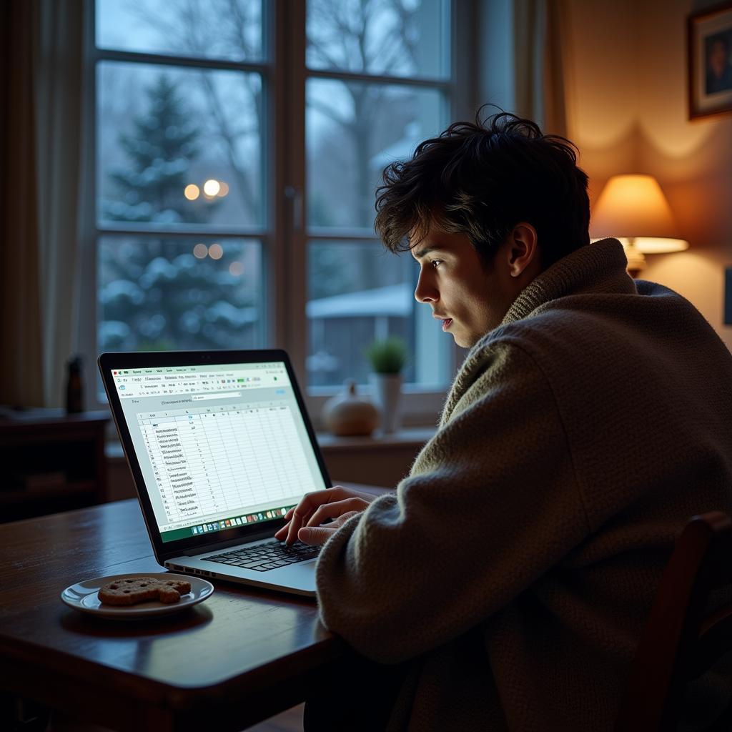 Person struggling to work on a laptop in a winter setting